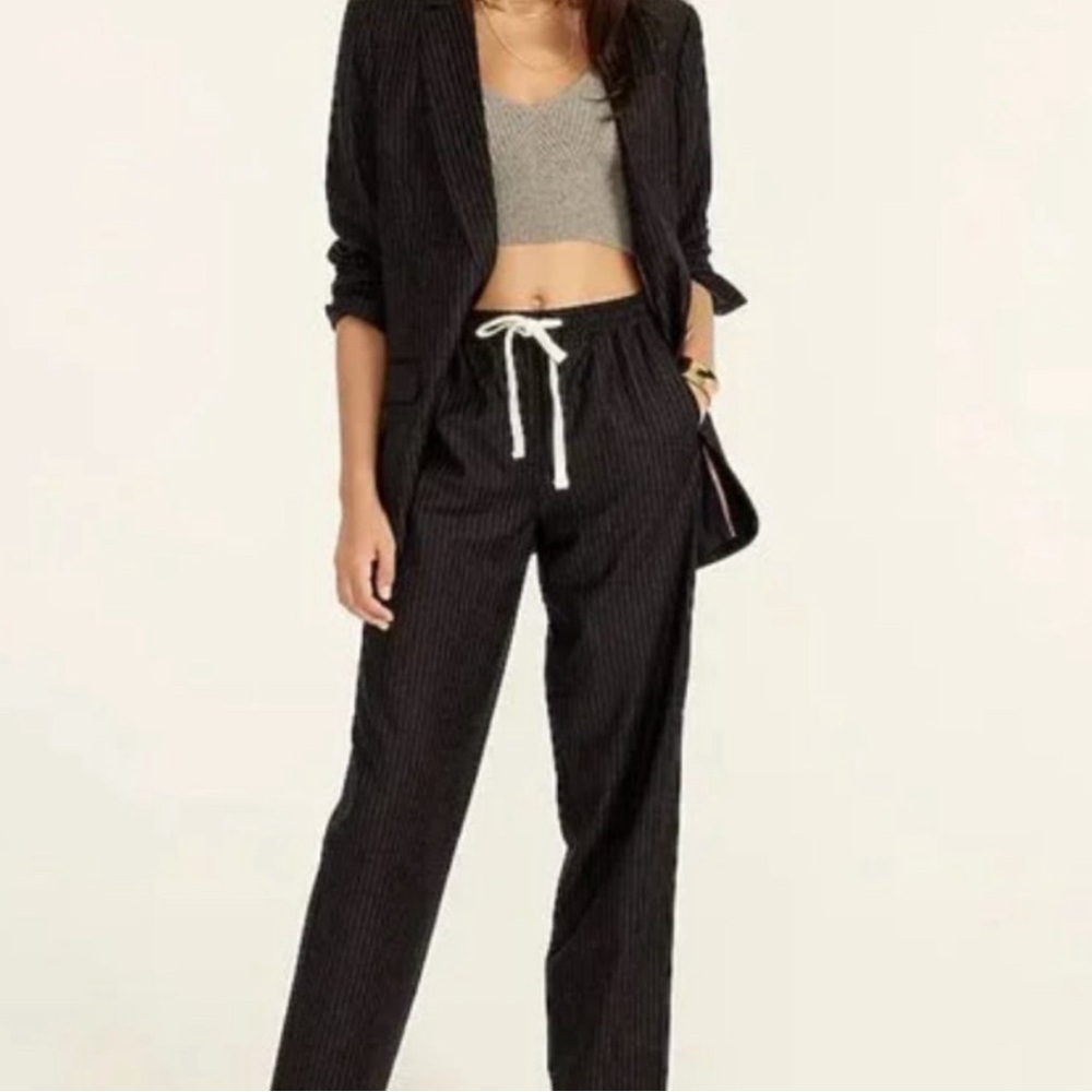 J crew tie waist pants in navy blue pinstripe brushed Italian wool